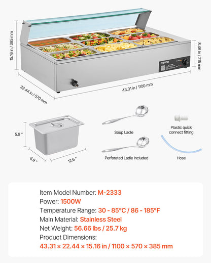 Commercial Food Warmer, 1500W Electric Stainless Steel Steam Food Warmer with Glass Cover, 9-Pan Countertop Buffet Bain Marie with Soup & Perforated Ladles, for Catering, Restaurant & Party