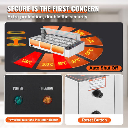 9-Pan Commercial Food Warmer, 9 x 5QT Electric Steam Table with Glass Cover, 1500W Countertop Stainless Steel Buffet Bain Marie 86-185°F Temp Control for Catering, Restaurants, Silver