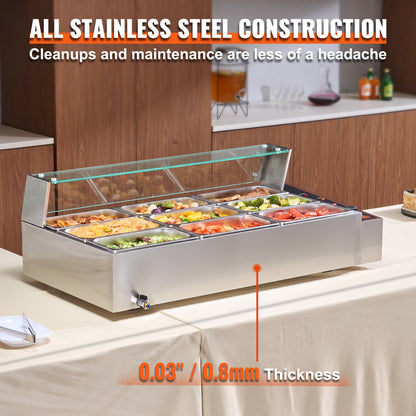 9-Pan Commercial Food Warmer, 9 x 5QT Electric Steam Table with Glass Cover, 1500W Countertop Stainless Steel Buffet Bain Marie 86-185°F Temp Control for Catering, Restaurants, Silver