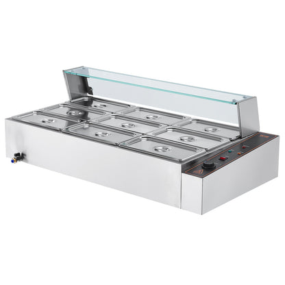 9-Pan Commercial Food Warmer, 9 x 5QT Electric Steam Table with Glass Cover, 1500W Countertop Stainless Steel Buffet Bain Marie 86-185°F Temp Control for Catering, Restaurants, Silver