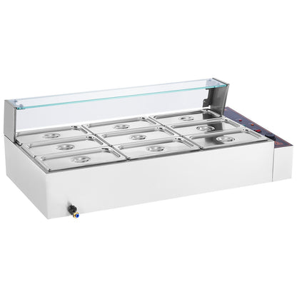 9-Pan Commercial Food Warmer, 9 x 5QT Electric Steam Table with Glass Cover, 1500W Countertop Stainless Steel Buffet Bain Marie 86-185°F Temp Control for Catering, Restaurants, Silver