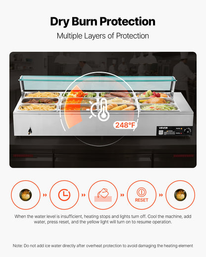 Kommersiell matvärmare, 1700W elektrisk ångvärmare i rostfritt stål med glaslock, bänkskiva med 12 bänkskivor, buffé med vattenbad, soppa och perforerade slevar, för catering, restaurang och fester