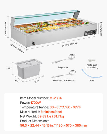 Kommersiell matvärmare, 1700W elektrisk ångvärmare i rostfritt stål med glaslock, bänkskiva med 12 bänkskivor, buffé med vattenbad, soppa och perforerade slevar, för catering, restaurang och fester