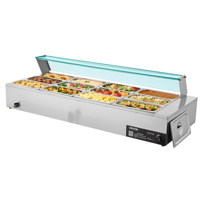 Kommersiell matvärmare, 1700W elektrisk ångvärmare i rostfritt stål med glaslock, bänkskiva med 12 bänkskivor, buffé med vattenbad, soppa och perforerade slevar, för catering, restaurang och fester