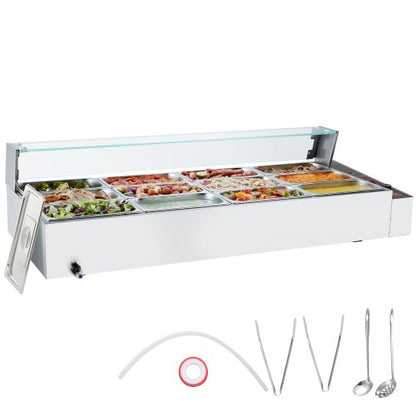 12-Pan Commercial Food Warmer, 12 x 5QT Electric Steam Table with Glass Cover, 1700W Countertop Stainless Steel Buffet Bain Marie 86-185°F Temp Control for Catering, Restaurants, Silver