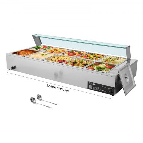 Commercial Food Warmer, 1700W Electric Stainless Steel Steam Food Warmer with Glass Cover, 10-Pan Countertop Buffet Bain Marie with Soup & Perforated Ladles, for Catering, Restaurant & Party