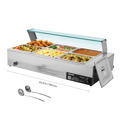 Commercial Food Warmer, 1500W Electric Stainless Steel Steam Food Warmer with Glass Cover, 6 x 1/2 Size Pans Buffet Bain Marie with Soup & Perforated Ladles, for Catering, Restaurant & Party