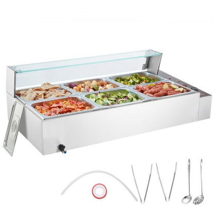 6-Pan Commercial Food Warmer, 6 x 8QT Electric Steam Table with Glass Cover, 1500W Countertop Stainless Steel Buffet Bain Marie 86-185°F Temp Control for Catering, Restaurants, Silver