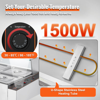 6-Pan Commercial Food Warmer, 6 x 8QT Electric Steam Table with Glass Cover, 1500W Countertop Stainless Steel Buffet Bain Marie 86-185°F Temp Control for Catering, Restaurants, Silver