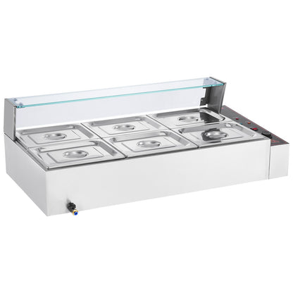 6-Pan Commercial Food Warmer, 6 x 8QT Electric Steam Table with Glass Cover, 1500W Countertop Stainless Steel Buffet Bain Marie 86-185°F Temp Control for Catering, Restaurants, Silver