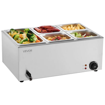 Commercial Food Warmer, 5-Pan Electric Steam Table, 1200W Professional Countertop Stainless Steel Buffet Bain Marie with 30-85°C Temp Control for Catering, Buffet, Parties, Restaurants