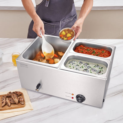 Commercial Food Warmer, 3-Pan Electric Steam Table, 1200W Professional Countertop Stainless Steel Buffet Bain Marie with 30-85°C Temp Control for Catering, Buffet, Parties, Restaurants