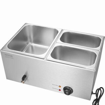Commercial Food Warmer, 3-Pan Electric Steam Table, 1200W Professional Countertop Stainless Steel Buffet Bain Marie with 30-85°C Temp Control for Catering, Buffet, Parties, Restaurants