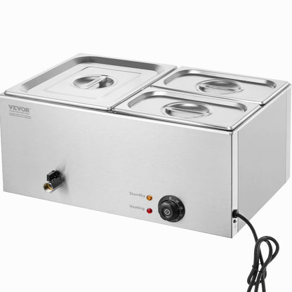 Commercial Food Warmer, 3-Pan Electric Steam Table, 1200W Professional Countertop Stainless Steel Buffet Bain Marie with 30-85°C Temp Control for Catering, Buffet, Parties, Restaurants