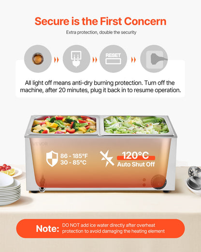 Commercial Food Warmer, 2-Pan Electric Steam Table, 1200W Professional Countertop Stainless Steel Buffet Bain Marie with 30-85°C Temp Control for Catering, Buffet, Parties, Restaurants
