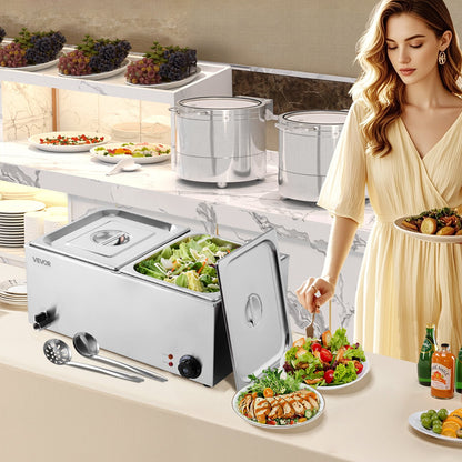 Commercial Food Warmer, 2-Pan Electric Steam Table, 1200W Professional Countertop Stainless Steel Buffet Bain Marie with 30-85°C Temp Control for Catering, Buffet, Parties, Restaurants