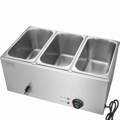 3-Pan Commercial Food Warmer, 16.5L Electric Steam Table, 1200W Professional Countertop Stainless Steel Buffet Bain Marie with 86-185°F Temp Control for Catering and Restaurants, Silver