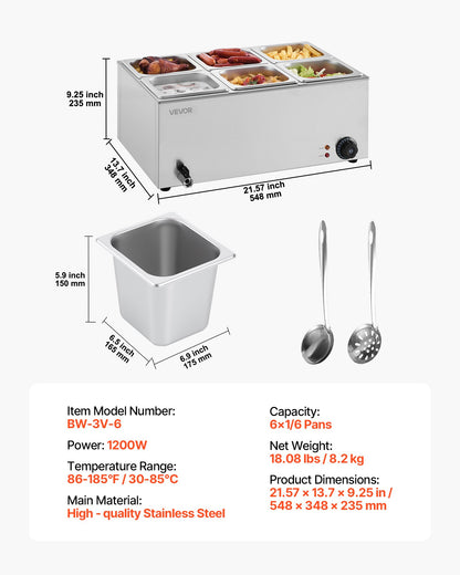 Commercial Food Warmer, 6-Pan Electric Steam Table, 1200W Professional Countertop Stainless Steel Buffet Bain Marie with 30-85°C Temp Control for Catering, Buffet, Parties, Restaurants