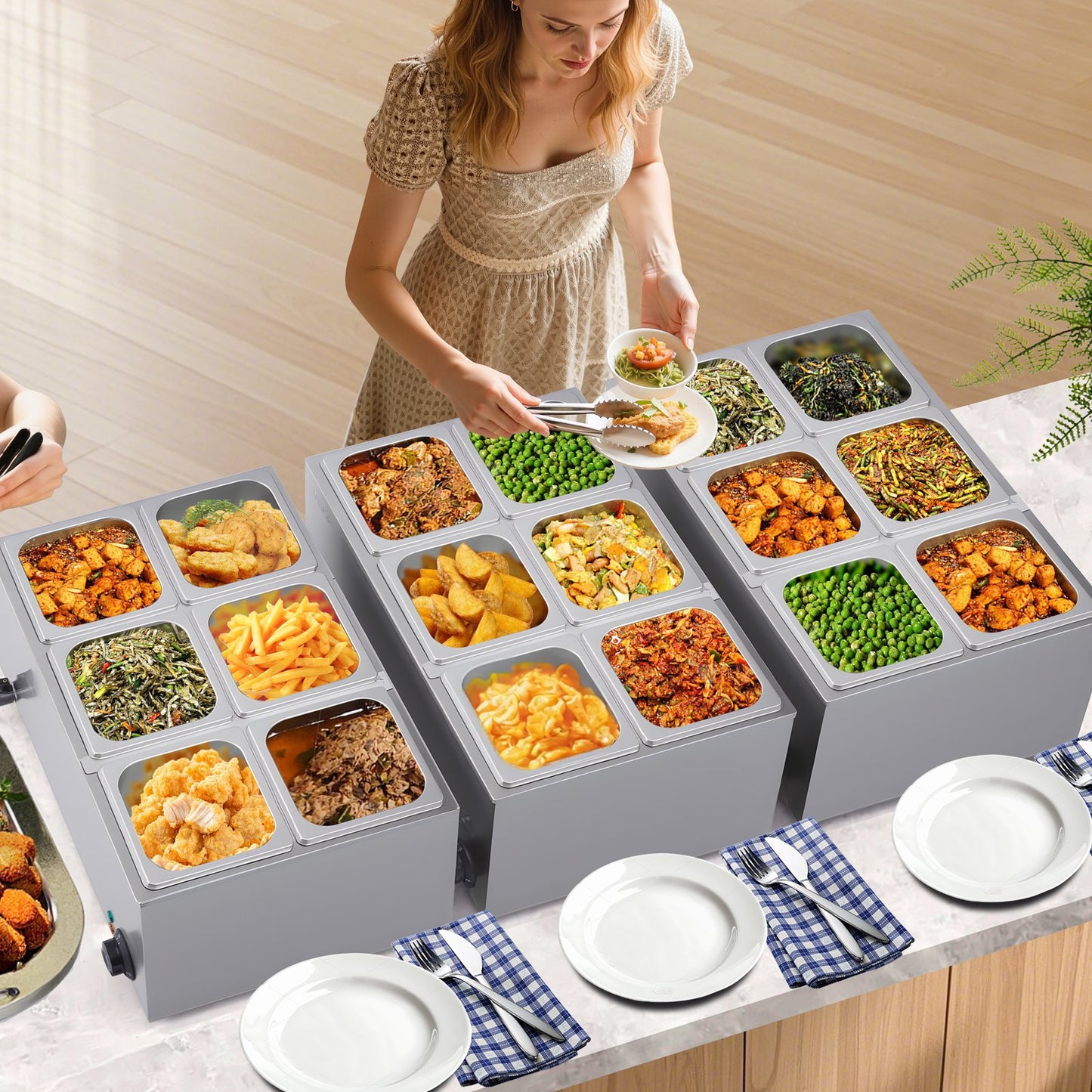 Commercial Food Warmer, 6-Pan Electric Steam Table, 1200W Professional Countertop Stainless Steel Buffet Bain Marie with 30-85°C Temp Control for Catering, Buffet, Parties, Restaurants