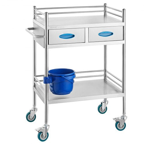 Lab Serving Cart, 2 Layers Stainless Steel Utility Rolling Cart, Medical Cart with Two Drawers, Dental Utility Cart with Lockable Wheels and A Bucket, for Laboratory, Hospital, Dental Use