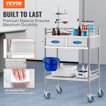 Lab Serving Cart, 2 Layers Stainless Steel Utility Rolling Cart, Medical Cart with Two Drawers, Dental Utility Cart with Lockable Wheels and A Bucket, for Laboratory, Hospital, Dental Use