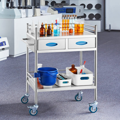 Lab Serving Cart, 2 Layers Stainless Steel Utility Rolling Cart, Medical Cart with Two Drawers, Dental Utility Cart with Lockable Wheels and A Bucket, for Laboratory, Hospital, Dental Use