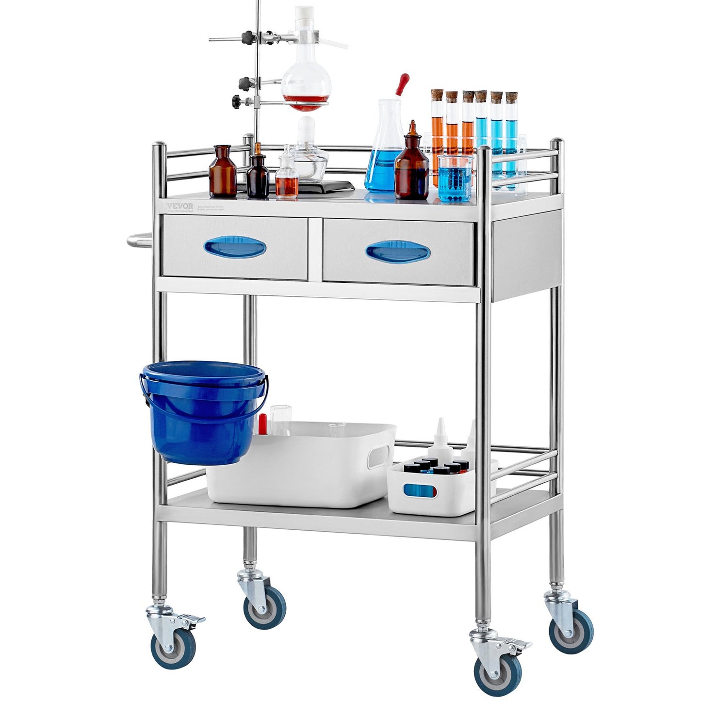 Lab Serving Cart, 2 Layers Stainless Steel Utility Rolling Cart, Medical Cart with Two Drawers, Dental Utility Cart with Lockable Wheels and A Bucket, for Laboratory, Hospital, Dental Use