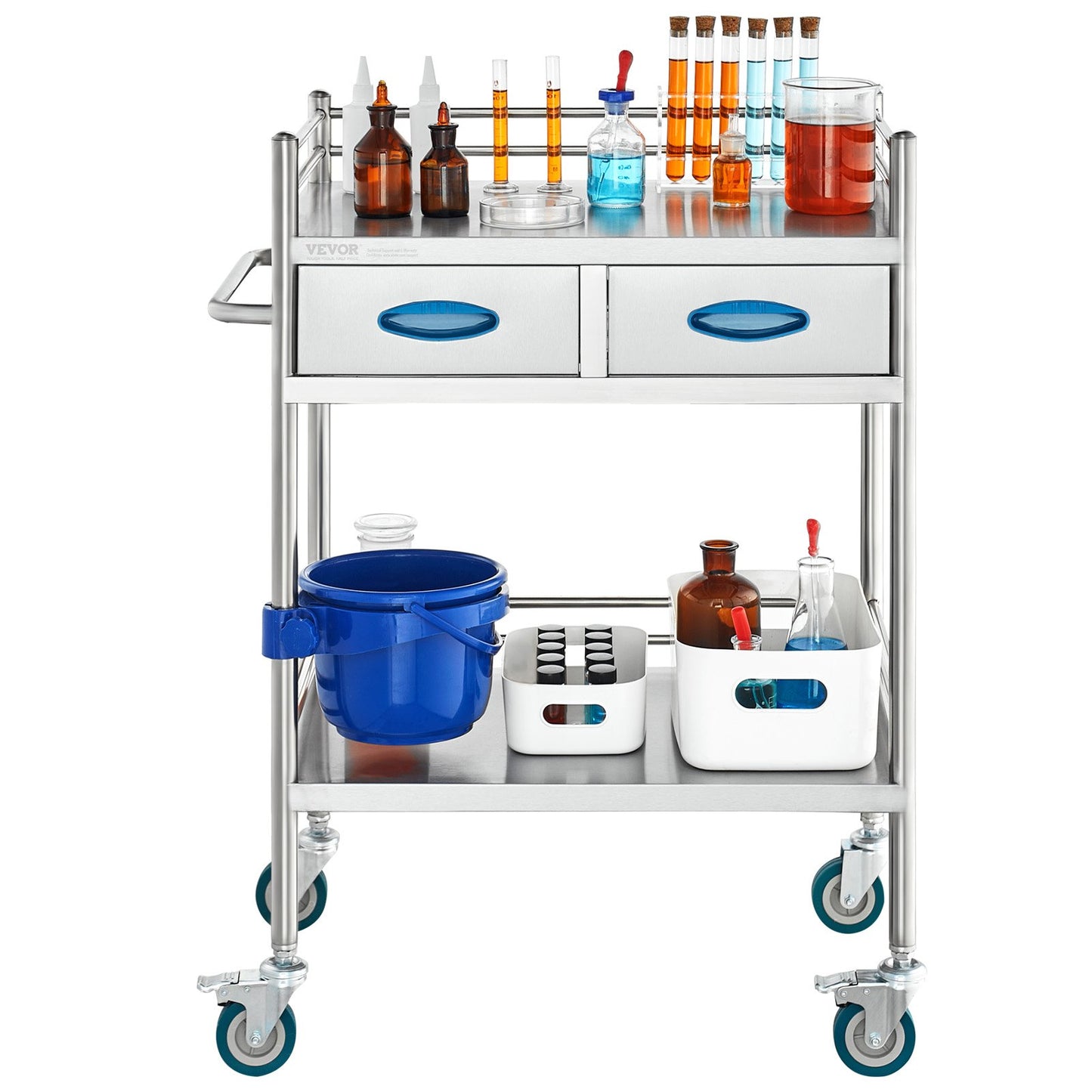 Lab Serving Cart, 2 Layers Stainless Steel Utility Rolling Cart, Medical Cart with Two Drawers, Dental Utility Cart with Lockable Wheels and A Bucket, for Laboratory, Hospital, Dental Use
