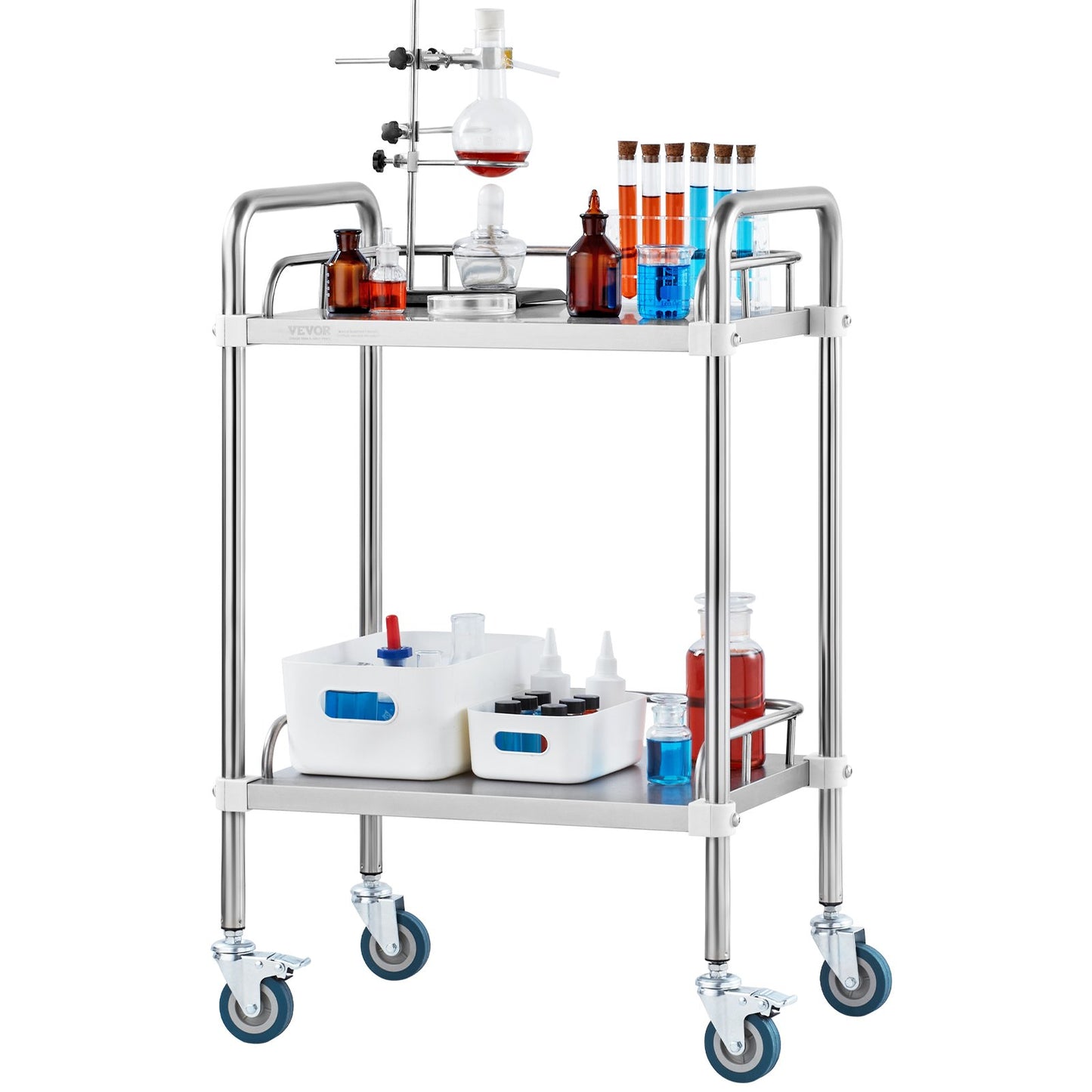 Lab Rolling Cart, 2-Shelf Stainless Steel Rolling Cart, Lab Serving Cart with Swivel Casters, Dental Utility Cart for Clinic, Lab, Hospital, Salon, 385 x 548 x 865 mm