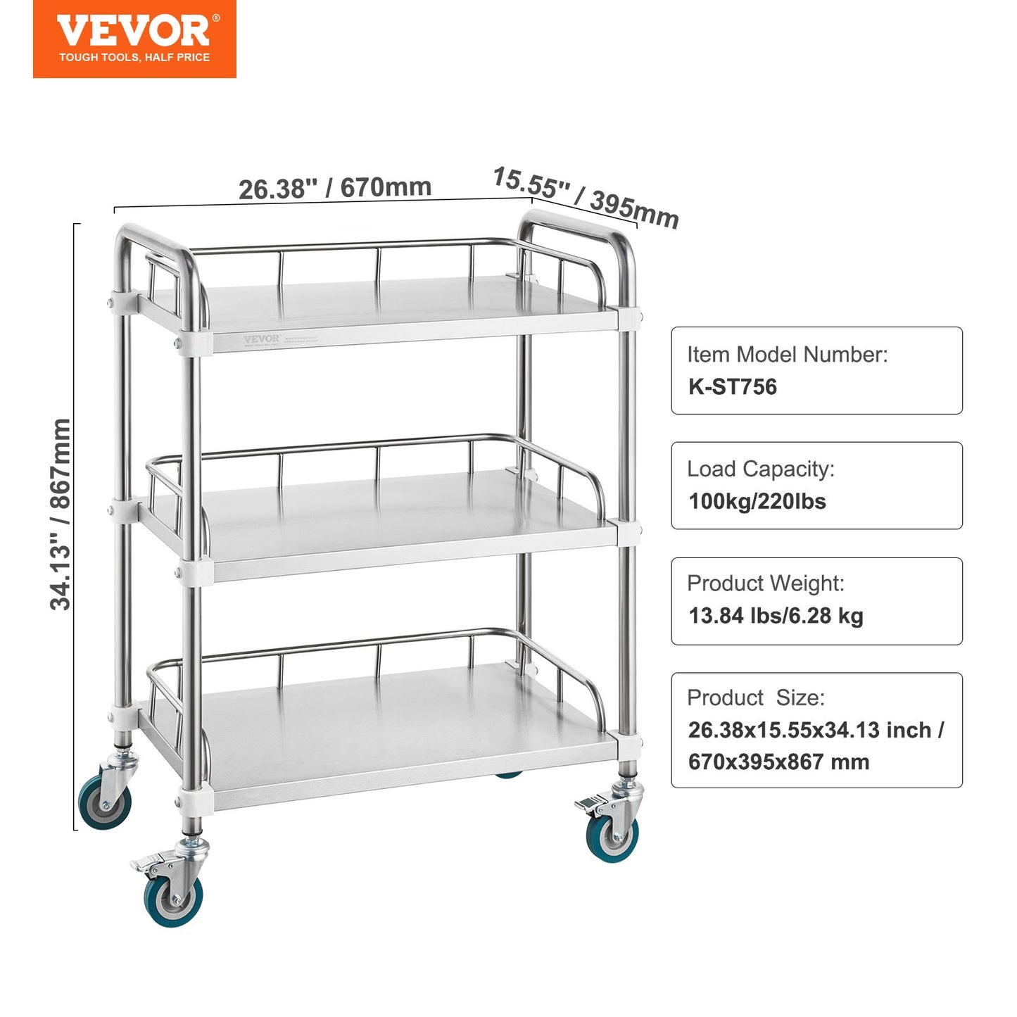 Lab Rolling Cart, 3-Shelf Stainless Steel Rolling Cart, Lab Serving Cart with Swivel Casters, Dental Utility Cart for Clinic, Lab, Hospital, Salon, 70 x 395 x 867 mm