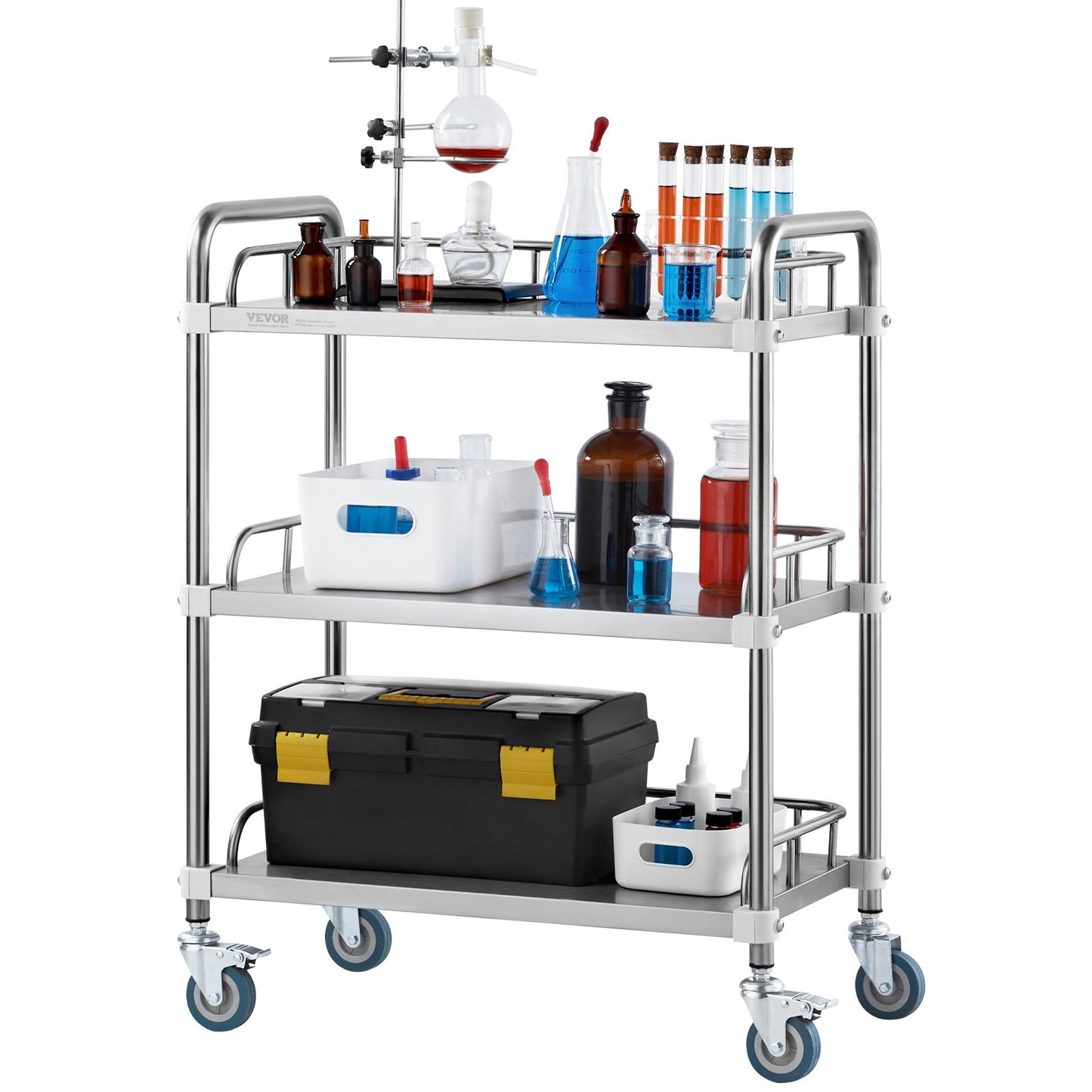 Lab Rolling Cart, 3-Shelf Stainless Steel Rolling Cart, Lab Serving Cart with Swivel Casters, Dental Utility Cart for Clinic, Lab, Hospital, Salon, 70 x 395 x 867 mm