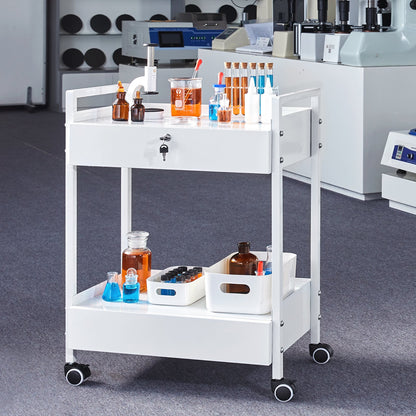 Lab Cart, 2 Tiers Stainless Steel Utility Cart, Medical Cart with 2 Drawers, Rolling Lab Cart White Paint, Serving Cart with Swivel Casters for Laboratory, Hospital, Dental, Salon and Beauty