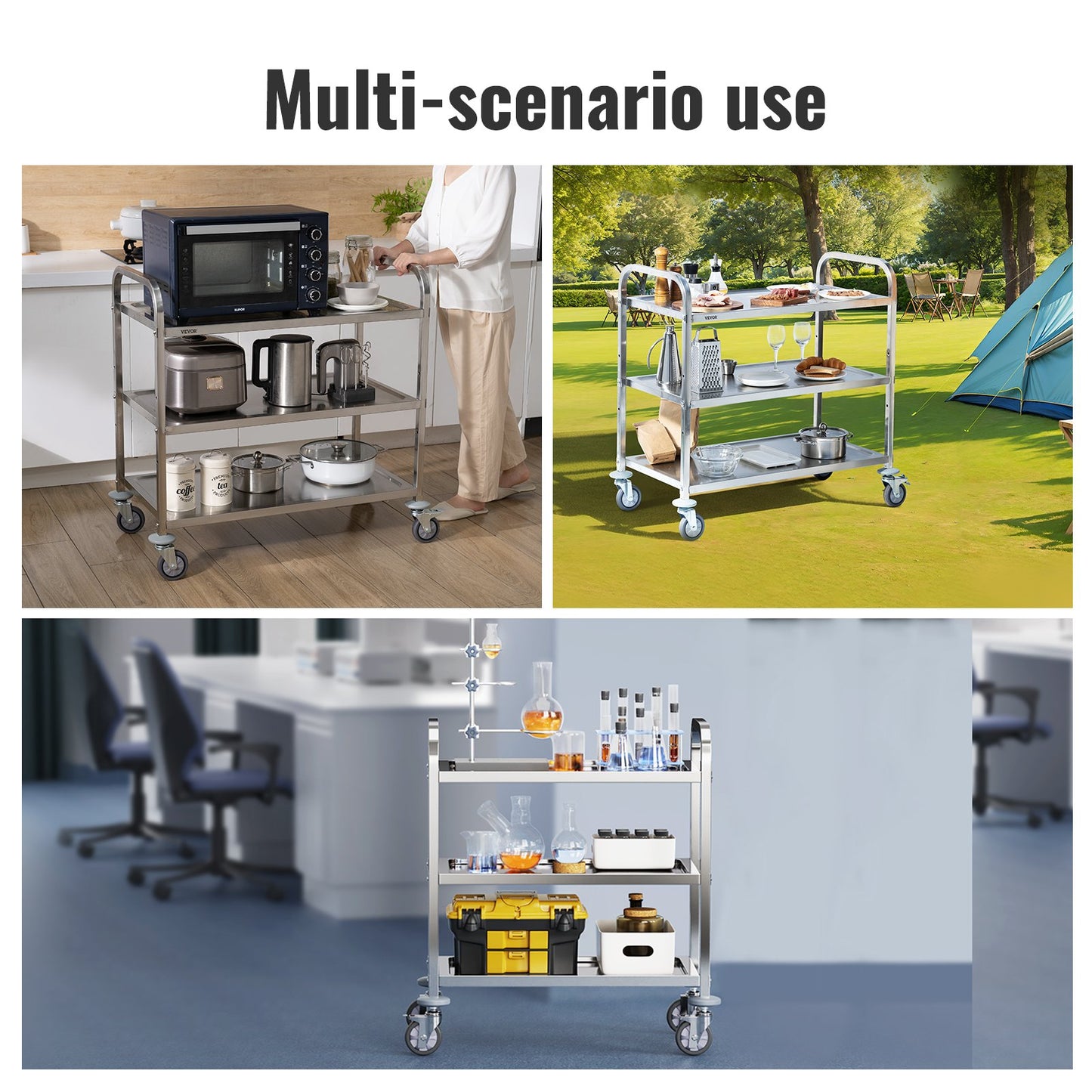Stainless Steel Cart, 3 Layers Lab Utility Cart 181.4kg Weight Capacity, Medical Cart with Lockable Universal Wheels, for Lab, Clinic, Kitchen, Salon