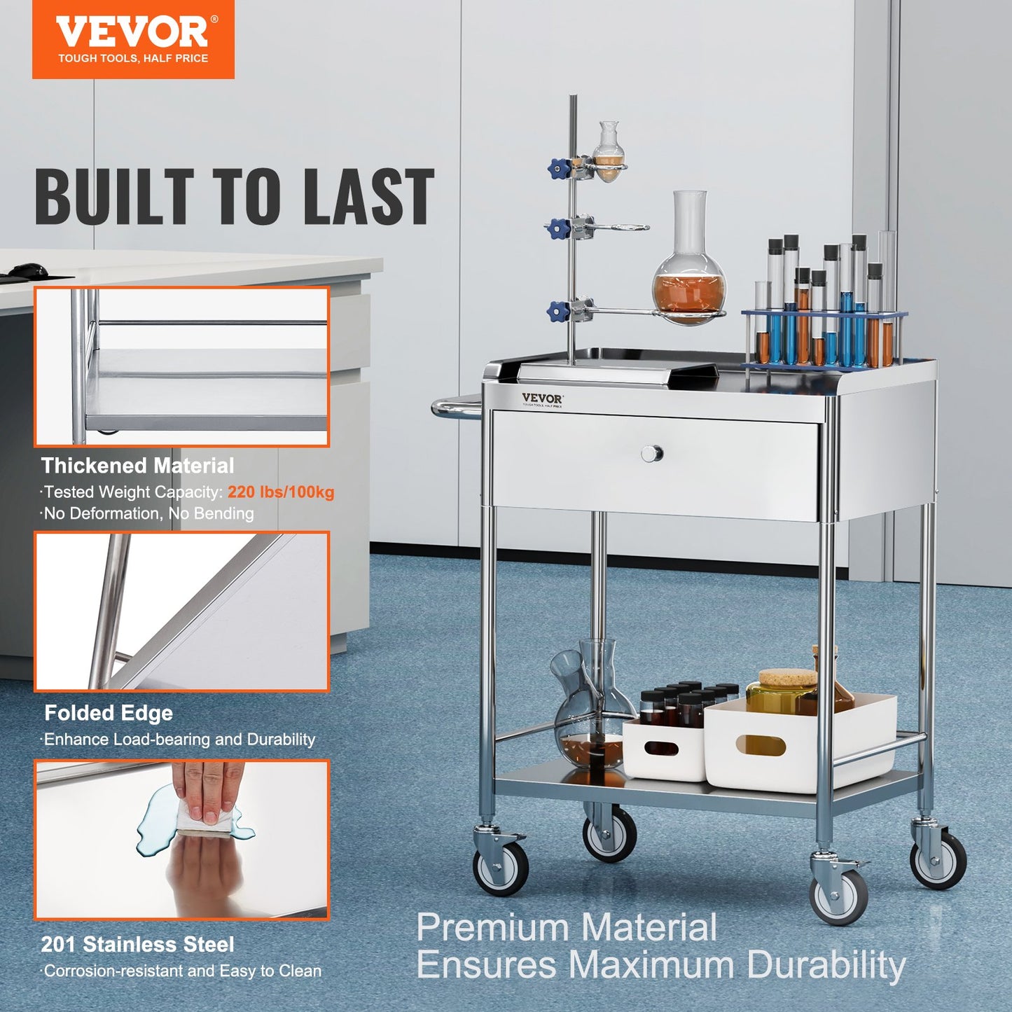Medical Cart, 2 Layers Stainless Steel Cart 99.8 kg Weight Capacity, Lab Utility Cart with 360° Silent Wheels and a Drawer for Lab, Clinic, Kitchen, Salon