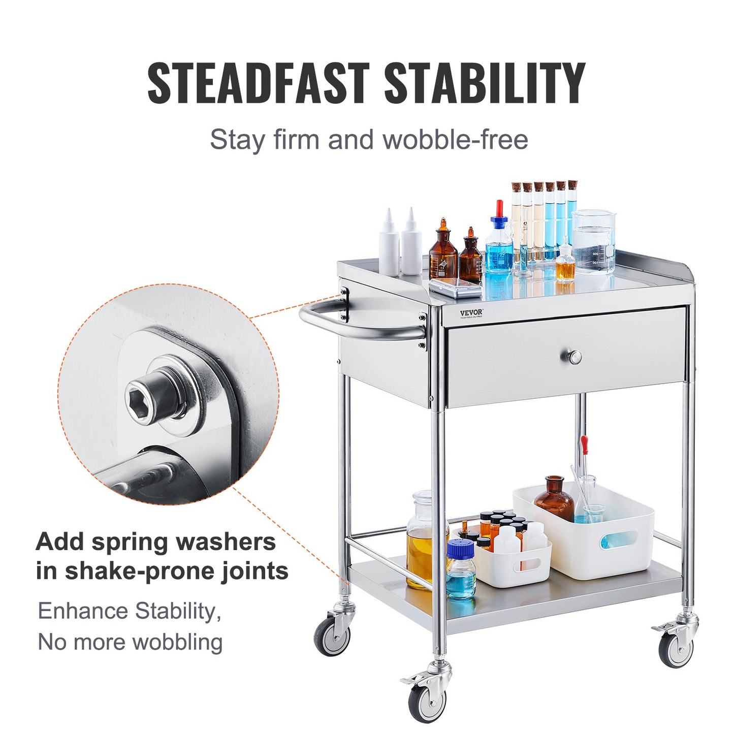 Medical Cart, 2 Layers Stainless Steel Cart 99.8 kg Weight Capacity, Lab Utility Cart with 360° Silent Wheels and a Drawer for Lab, Clinic, Kitchen, Salon
