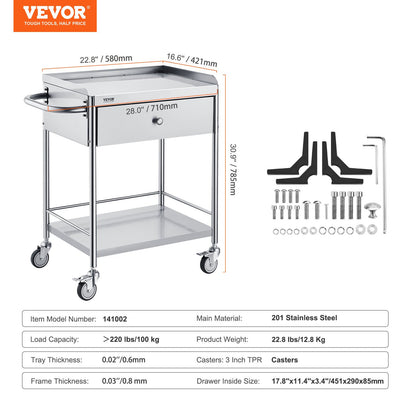 Medical Cart, 2 Layers Stainless Steel Cart 99.8 kg Weight Capacity, Lab Utility Cart with 360° Silent Wheels and a Drawer for Lab, Clinic, Kitchen, Salon
