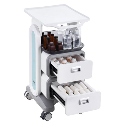 3 Tiers Lab Carts, Lab Utility Cart with 2 Drawers & 1 Top Tray, Mobile Medical Cart with ABS Material, Lab Rolling Cart with 4 Silent Wheels for Lab, Clinic, Hospital, Salon, White