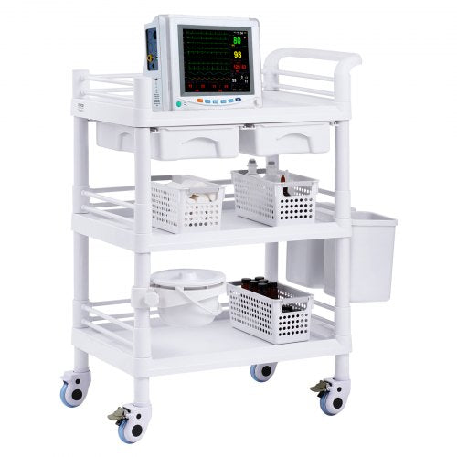 3 Tiers Lab Carts, Lab Utility Cart with 3 Trays & 4 Silent Wheels, Mobile Medical Cart with PP Material, Lab Rolling Cart with 3 Trash Cans for Lab, Clinic, Hospital, Salon, White