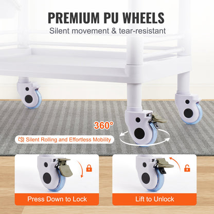 2 Tiers Lab Carts, Lab Utility Cart with 2 Trays, 2 Drawers & 4 Silent Wheels, Mobile Medical Cart with PP Material, Lab Rolling Cart with 3 Trash Cans for Lab, Clinic, Hospital, Salon, White