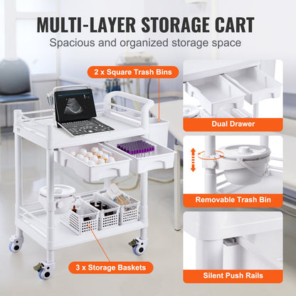 2 Tiers Lab Carts, Lab Utility Cart with 2 Trays, 2 Drawers & 4 Silent Wheels, Mobile Medical Cart with PP Material, Lab Rolling Cart with 3 Trash Cans for Lab, Clinic, Hospital, Salon, White