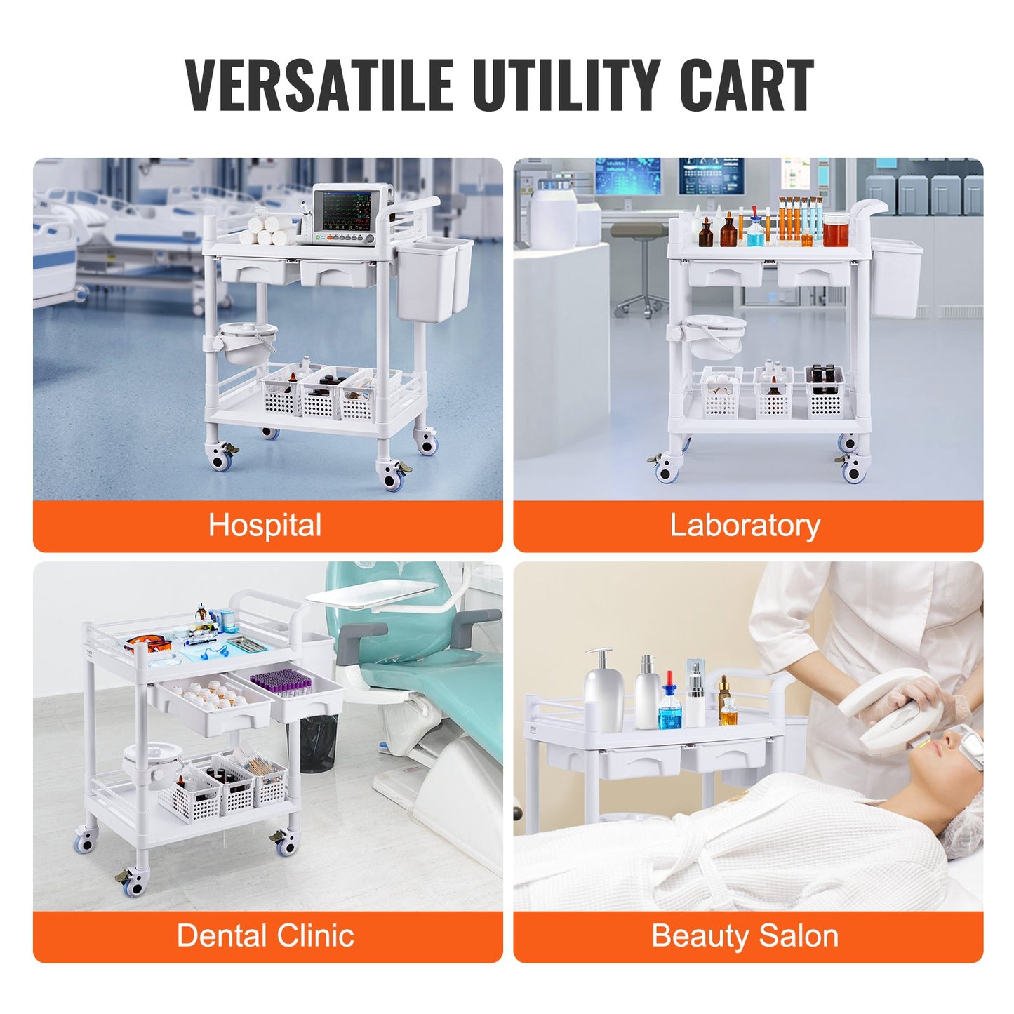2 Tiers Lab Carts, Lab Utility Cart with 2 Trays, 2 Drawers & 4 Silent Wheels, Mobile Medical Cart with PP Material, Lab Rolling Cart with 3 Trash Cans for Lab, Clinic, Hospital, Salon, White