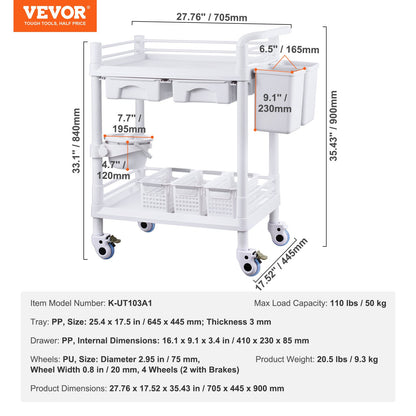 2 Tiers Lab Carts, Lab Utility Cart with 2 Trays, 2 Drawers & 4 Silent Wheels, Mobile Medical Cart with PP Material, Lab Rolling Cart with 3 Trash Cans for Lab, Clinic, Hospital, Salon, White