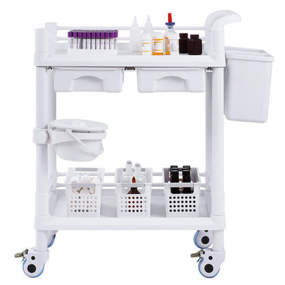 2 Tiers Lab Carts, Lab Utility Cart with 2 Trays, 2 Drawers & 4 Silent Wheels, Mobile Medical Cart with PP Material, Lab Rolling Cart with 3 Trash Cans for Lab, Clinic, Hospital, Salon, White