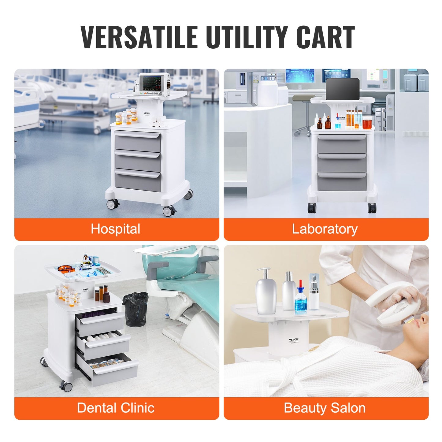 4 Tiers Lab Carts, Lab Utility Cart with 3 Drawers & 1 Top Tray, Mobile Medical Cart with ABS Material, Lab Rolling Cart with 4 Silent Wheels for Lab, Clinic, Hospital, Salon, White