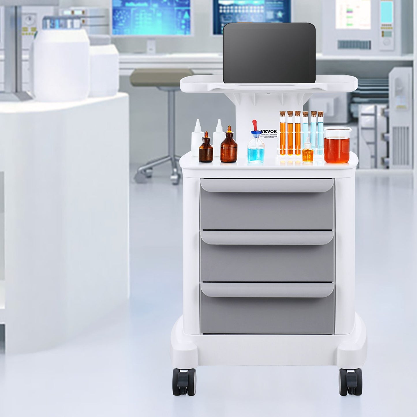 4 Tiers Lab Carts, Lab Utility Cart with 3 Drawers & 1 Top Tray, Mobile Medical Cart with ABS Material, Lab Rolling Cart with 4 Silent Wheels for Lab, Clinic, Hospital, Salon, White