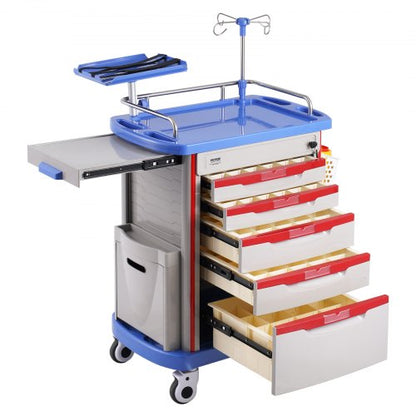 5 Tiers Lab Carts, Lab Utility Cart with 5 Drawers & 4 Silent Wheels, Mobile Medical Cart with PP Material, Lab Rolling Cart with 2 Trash Cans for Lab, Clinic, Hospital, Salon, Blue