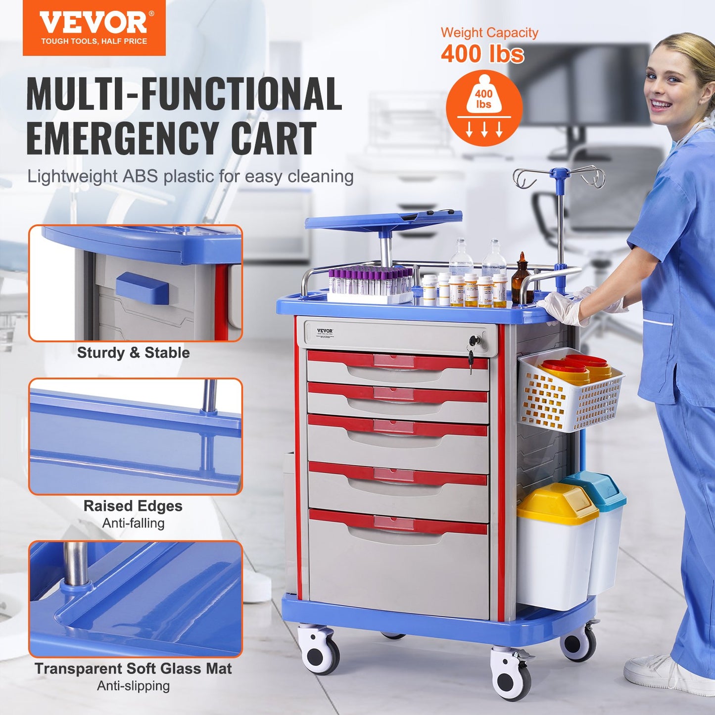 5 Tiers Lab Carts, Lab Utility Cart with 5 Drawers & 4 Silent Wheels, Mobile Medical Cart with PP Material, Lab Rolling Cart with 2 Trash Cans for Lab, Clinic, Hospital, Salon, Blue
