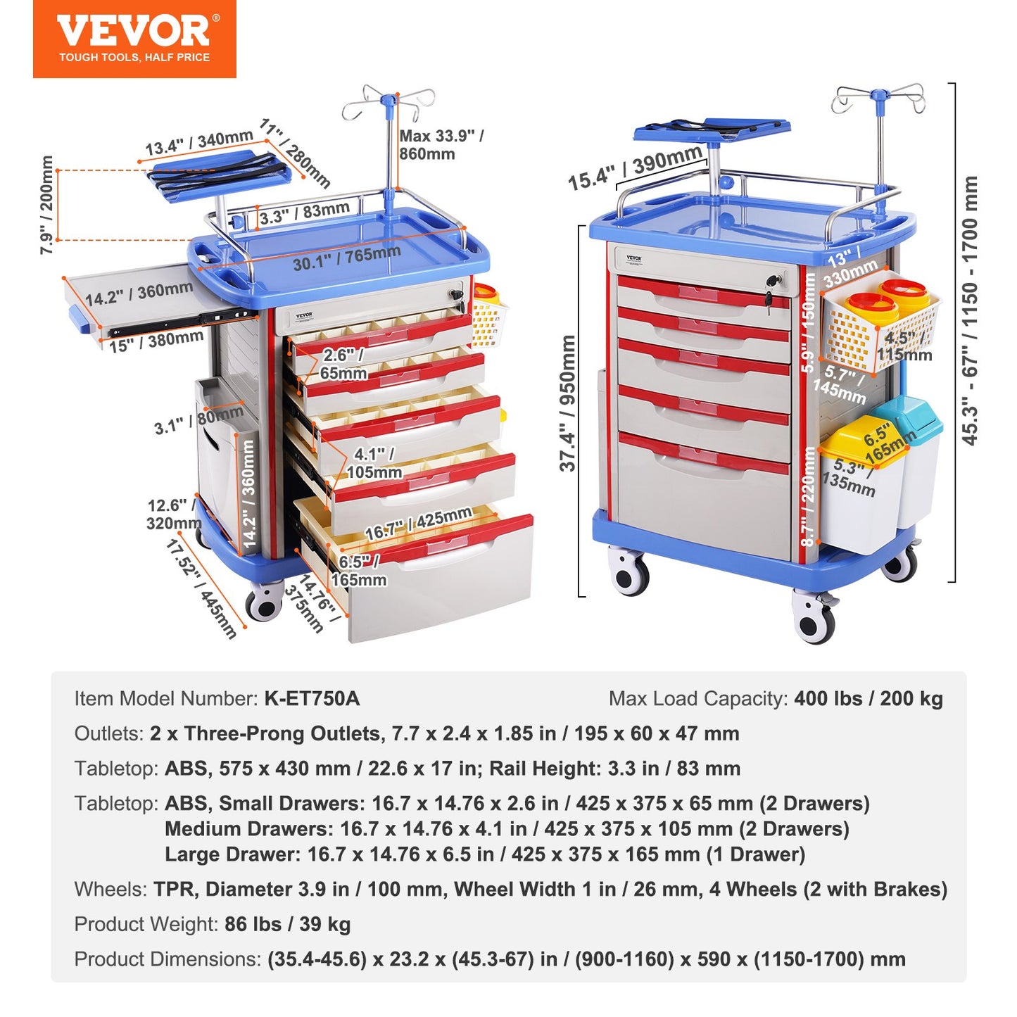 5 Tiers Lab Carts, Lab Utility Cart with 5 Drawers & 4 Silent Wheels, Mobile Medical Cart with PP Material, Lab Rolling Cart with 2 Trash Cans for Lab, Clinic, Hospital, Salon, Blue