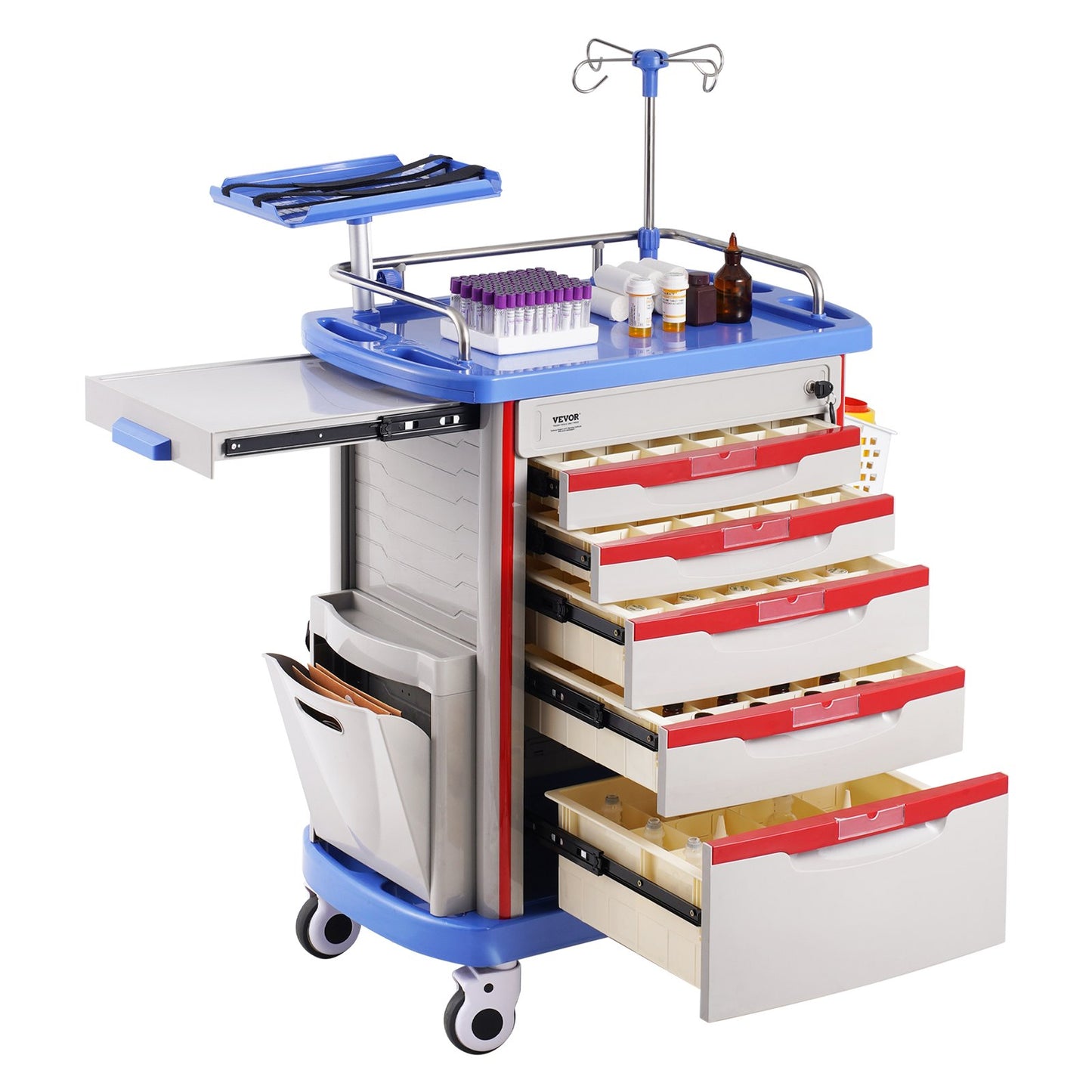 5 Tiers Lab Carts, Lab Utility Cart with 5 Drawers & 4 Silent Wheels, Mobile Medical Cart with PP Material, Lab Rolling Cart with 2 Trash Cans for Lab, Clinic, Hospital, Salon, Blue