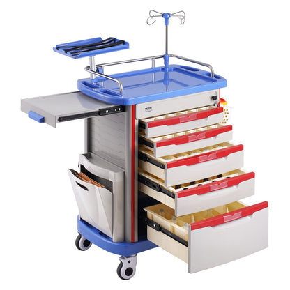 5 Tiers Lab Carts, Lab Utility Cart with 5 Drawers & 4 Silent Wheels, Mobile Medical Cart with PP Material, Lab Rolling Cart with 2 Trash Cans for Lab, Clinic, Hospital, Salon, Blue